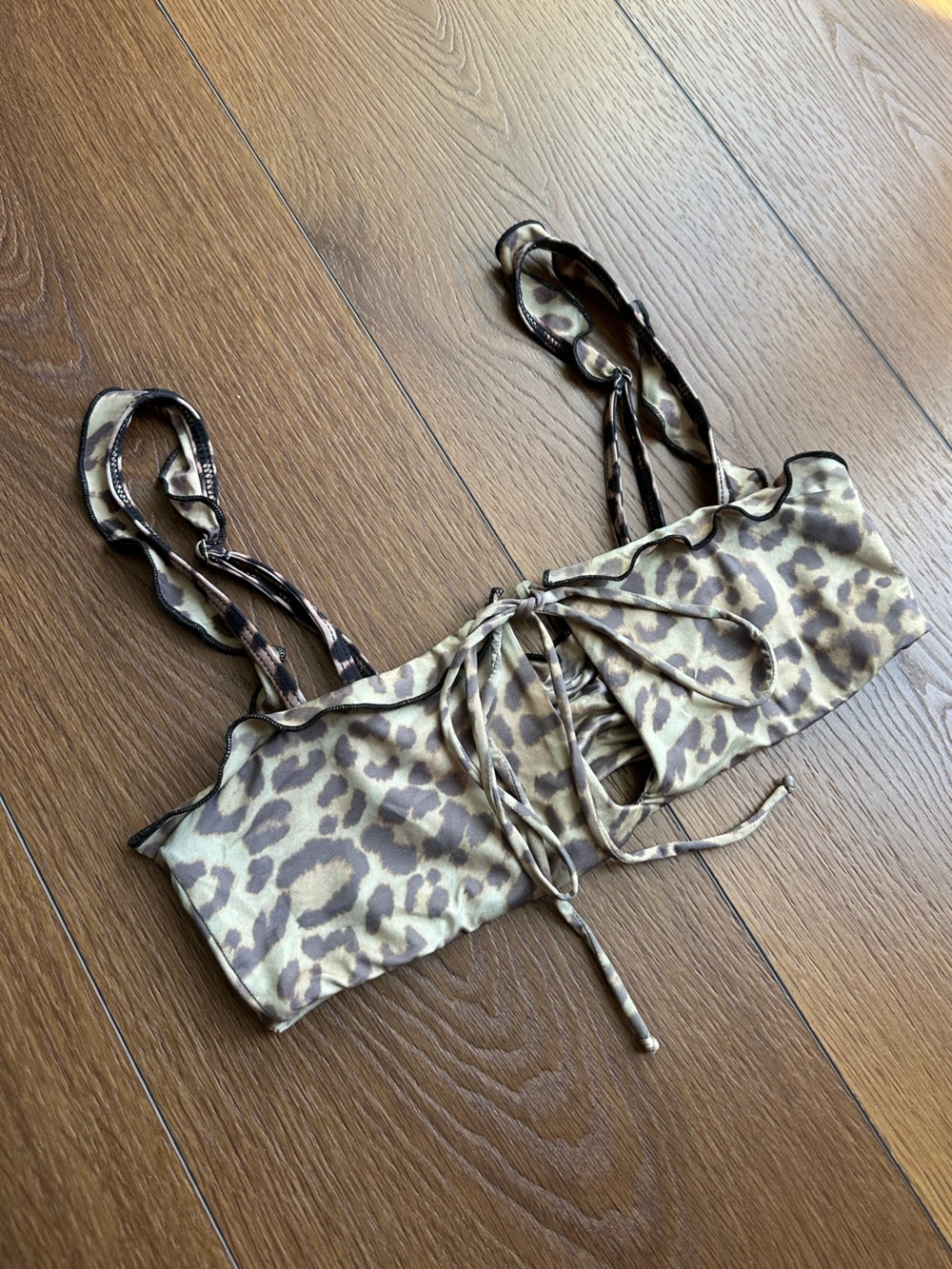 Frankie's Bikinis Leopard Tie-Front Bikini Top in Beige and Brown